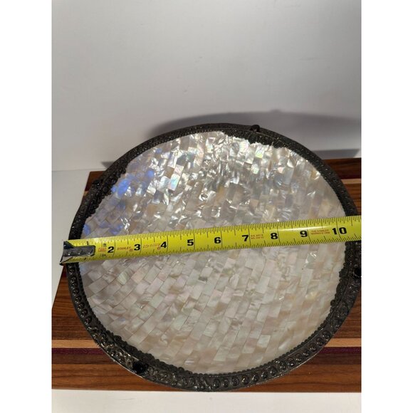 Handcrafted Mother-Of-Pearl Decorative Bowl With Ornate Metal Trim & Gem Accents - Picture 12 of 12